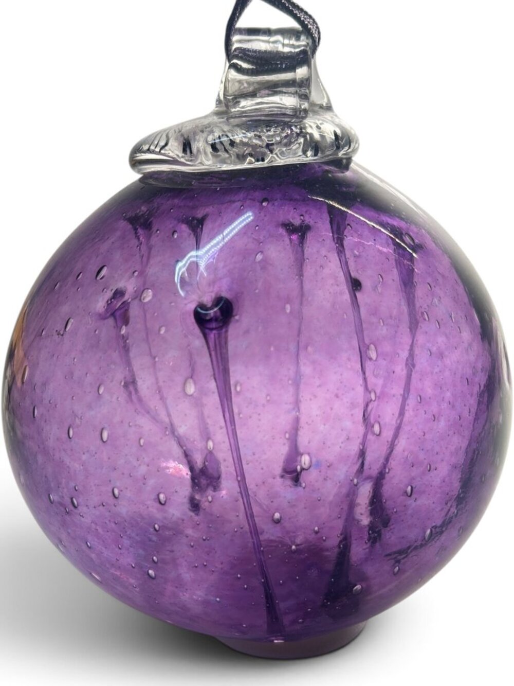 5" Hand-blown purple glass orb ornament internal glass tendrils/strings & bubble